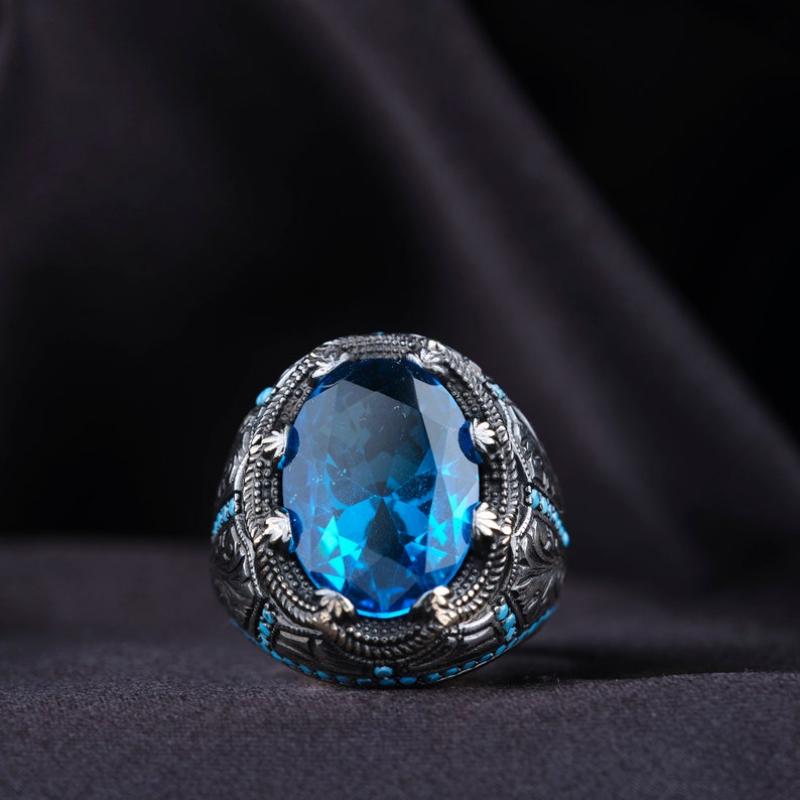 Retro Handmade Turkish Rings for Men Vintage Metal CopperColor Inlaid Blue Zircon Punk Ring Muslim Jewelry