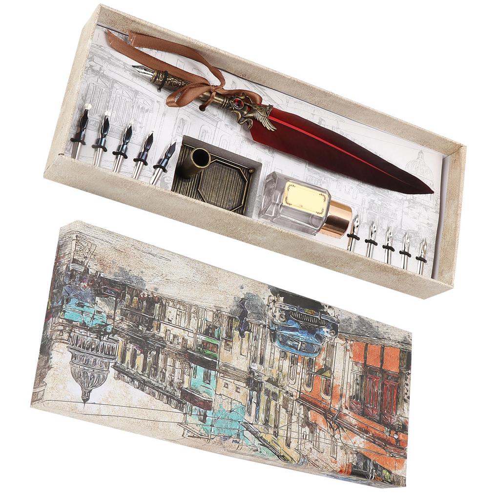 Feather Pen Set Vintage Creativity Ink Carving Writing Suit for Lover Teacher Classmate GiftBurgundy