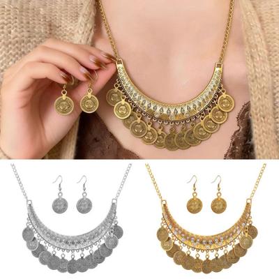 2 Stück/Set Halskette Ohrringe Set Verstellbare Kette Retro Graviertes Muster Münze Quasten