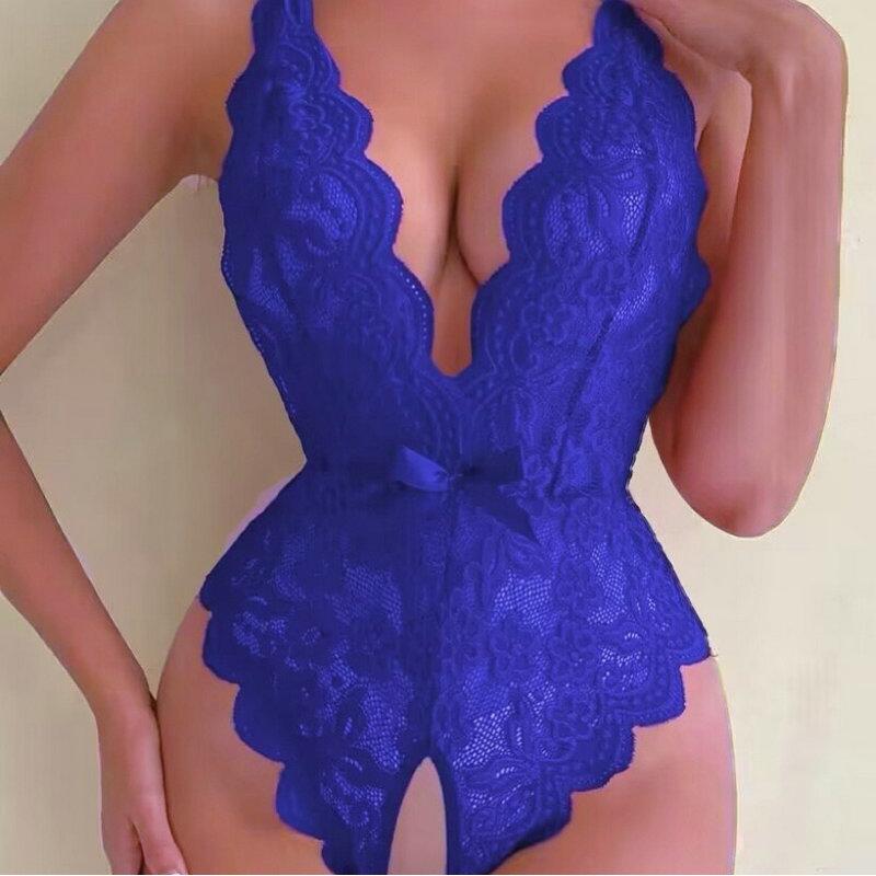 Erotic lingerie opening halter neck one-piece pajamas lace-up bow back open lace sexy pajamas woman