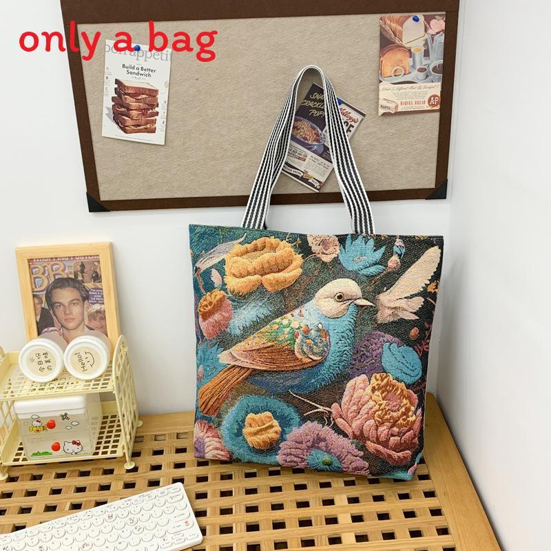 Peacock Canvas Tote Bag With Embroidery And Large Capacity For Daily Use