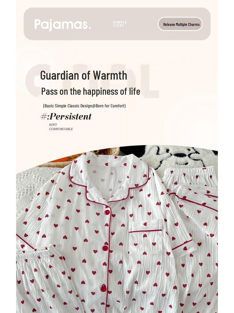 Women's Red Heart Summer Pajama Set - Short-Sleeved, Wearable Outdoors, Three Pieces