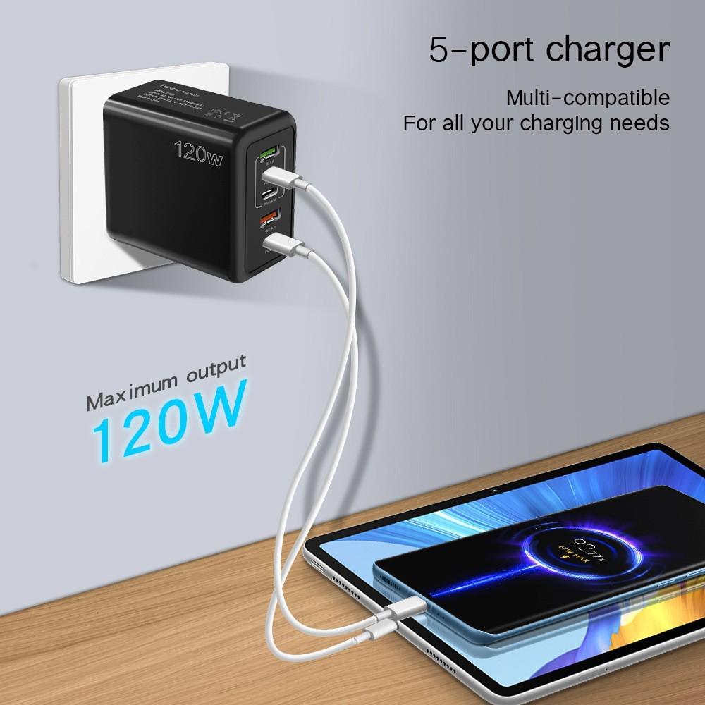 120W Fast Charger with 3PD+2USB Ports for Apple Devices, Compatible with EU/US/UK Standards