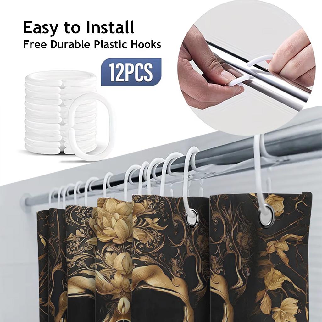 Luxury Gold Skull And Rose Shower Curtain, Black Gothic Floral Bathroom Decor, Baroque Filigree Art Fabric Bathroom Curtain