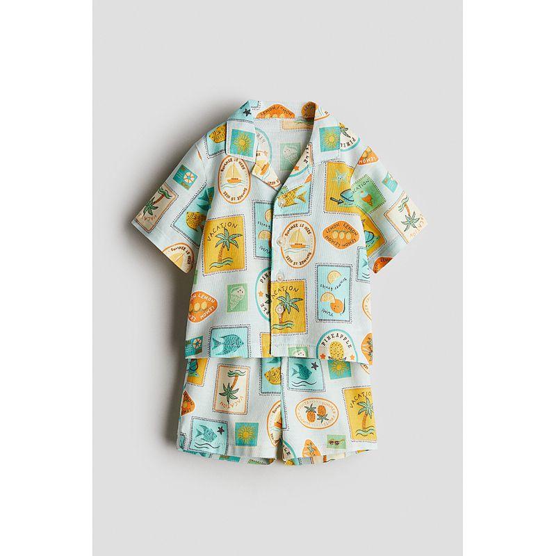 

HM Children s Clothing Baby Boys Suit 2-Piece Summer Pure Cotton Holiday Floral Print Straight-leg Plaid Shirt Shorts 1123259 Light blue/Vacation 66/48