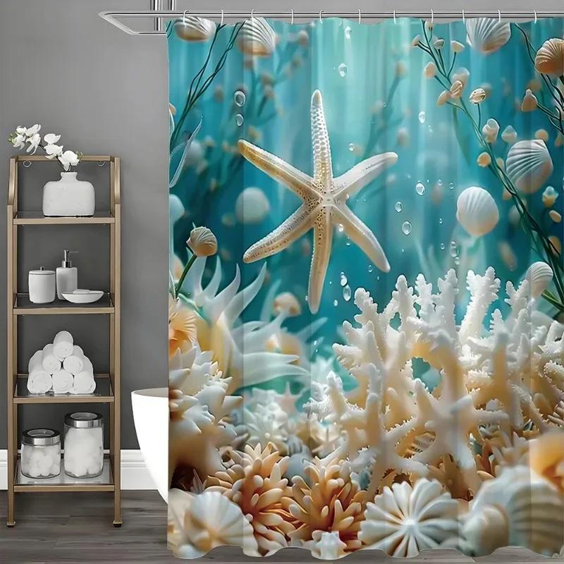 Beach Shower Curtain Starfish Seashells Coral Ocean Waves Ripples Cool Tropical Summer Hawaiian Seascape Fabric Bathroom Decorat