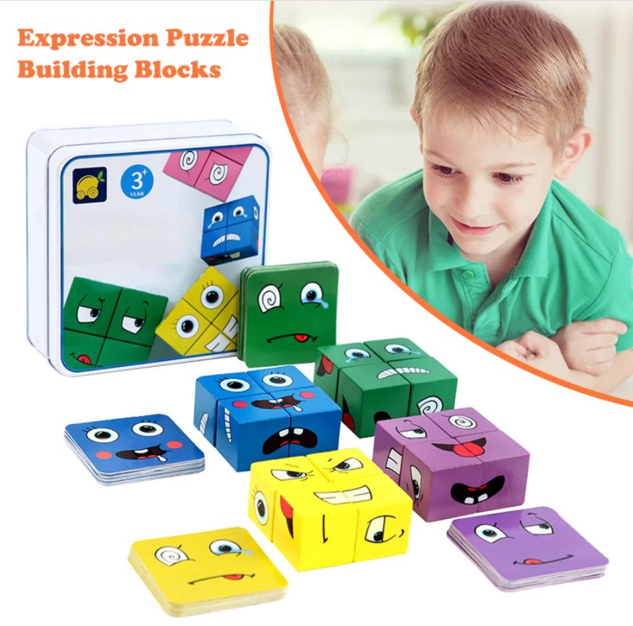 Juego De Cubos De Madera Con Emojis – Puzzle De Expresiones Y Reflejos Para Toda La Familia, Incluye Campana
