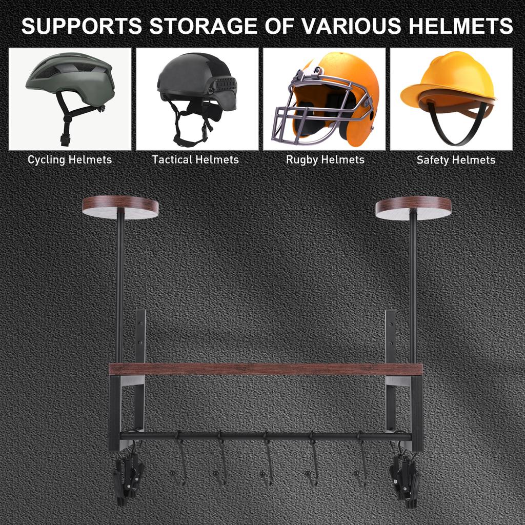 Wooden Helmets Hanger with Hooks Retro Moto Gear Storage Rack Wall Mounted Metal Helmets Stand Motorcycle Accesories Organizer