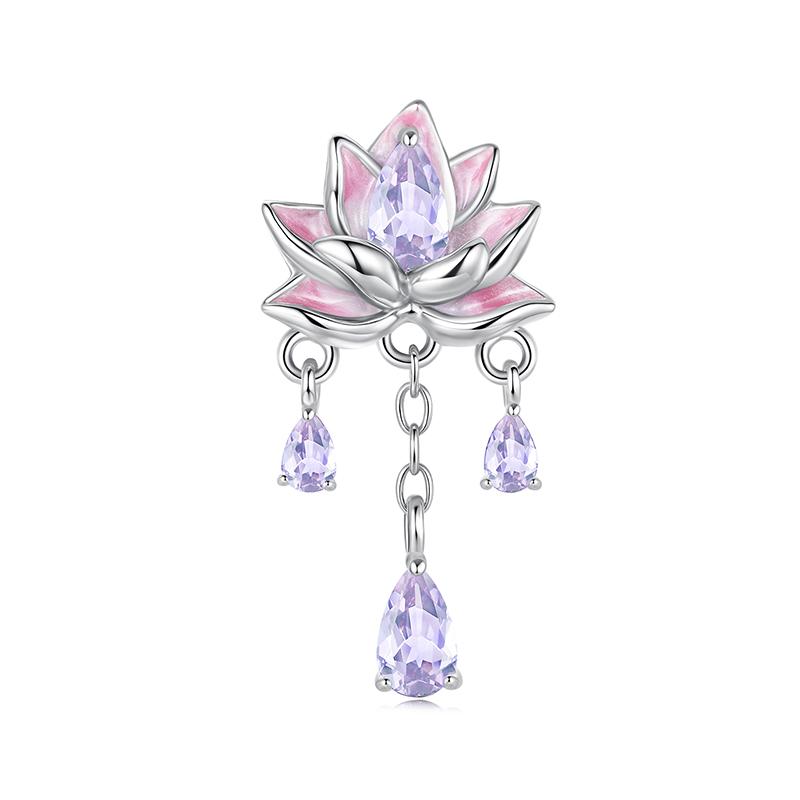 WOSTU 925 Sterling Silver Pink Lotus Flower Charms Purple Crystal tassels Pendant Moon bead Fit Bangle Neckalce DIY Make Gift