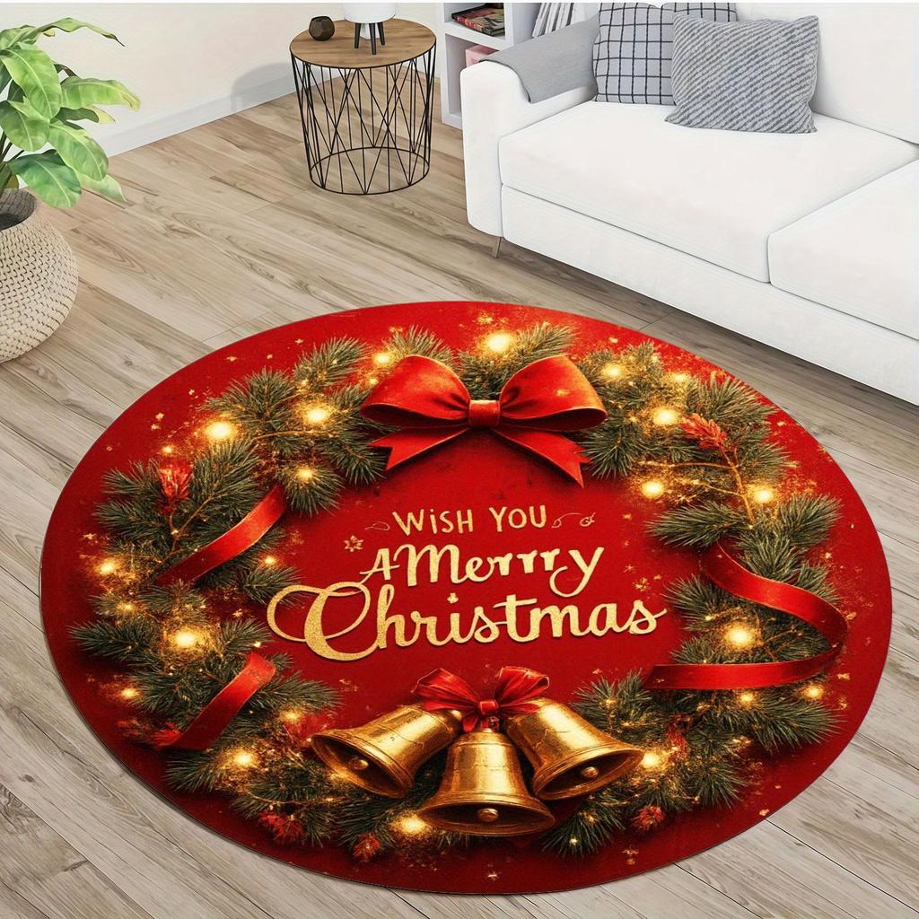 Round Area Rug Red Christmas Wreath with Bells and Lights Soft Flannel Carpet for Holiday Season Floor Decor Non Slip Washable