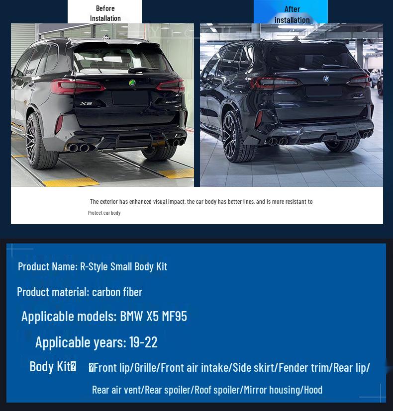 BMW X5M F95 20-22 Carbon Fiber R-Style Body Kit: Front Lip, Rear Lip, Side Skirts, Rear Spoiler, Hood