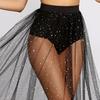 Sexy Skirt Shiny Elastic High Waist Perspective Rhinestones Decor Maxi Skirt