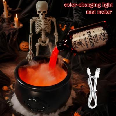Halloween Hexenkessel mit magischer schwebender Zaubertrankflasche und Nebelmaschine