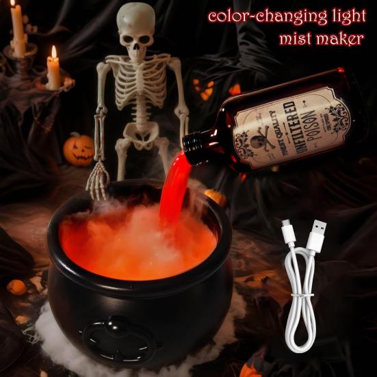 Halloweenský čarodějnický kotlík s kouzelnou vznášející se lahvičkou s lektvarem a mlhovačem pro DIY vznášející se lektvar, sada černé plastové mísy pro halloweenskou vnitřní dekoraci