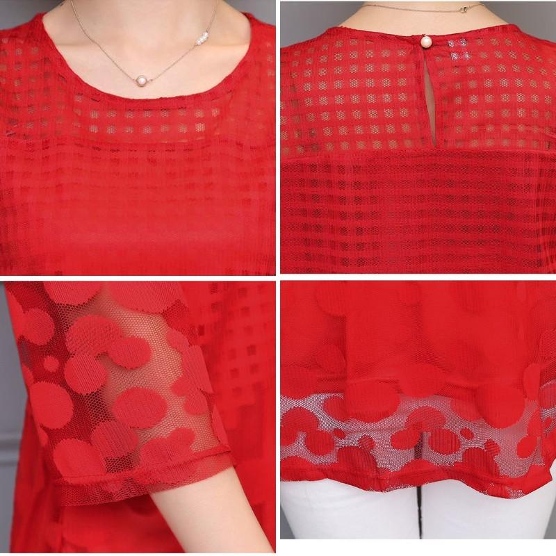 BLACK Women Summer Blouses Shirt Chiffon Women Tops Plaid Half Sleeves Women Blouses Plus Size Blusas White Red Black Lace Solid Color Shirt