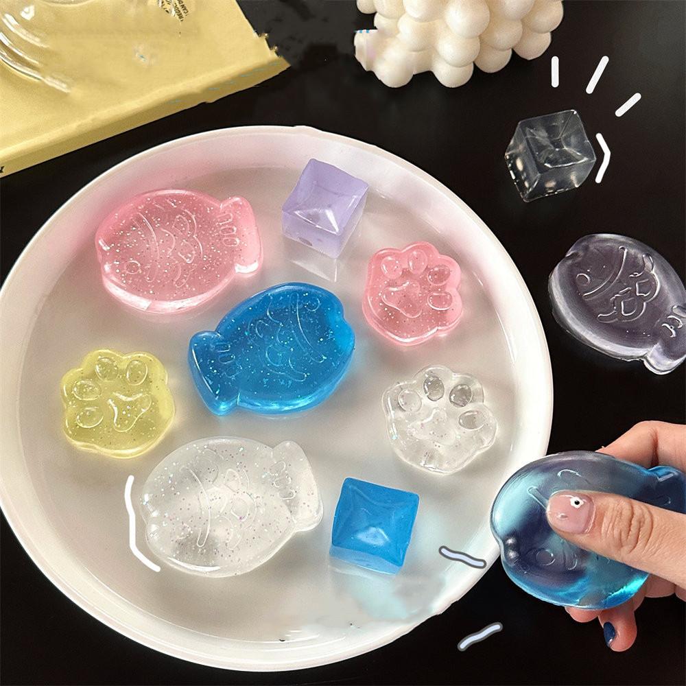 New Fidget Toy Mini Squishy Toys Mochi Ice Block Stress Ball Toy Kawaii Transparent Cube Cat Paw Fish Stress Relief Squeeze Toy