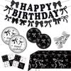 Black & White Birthday Party Tableware Set: Paper Plates, Cups, Tablecloth & Bunting Decorations