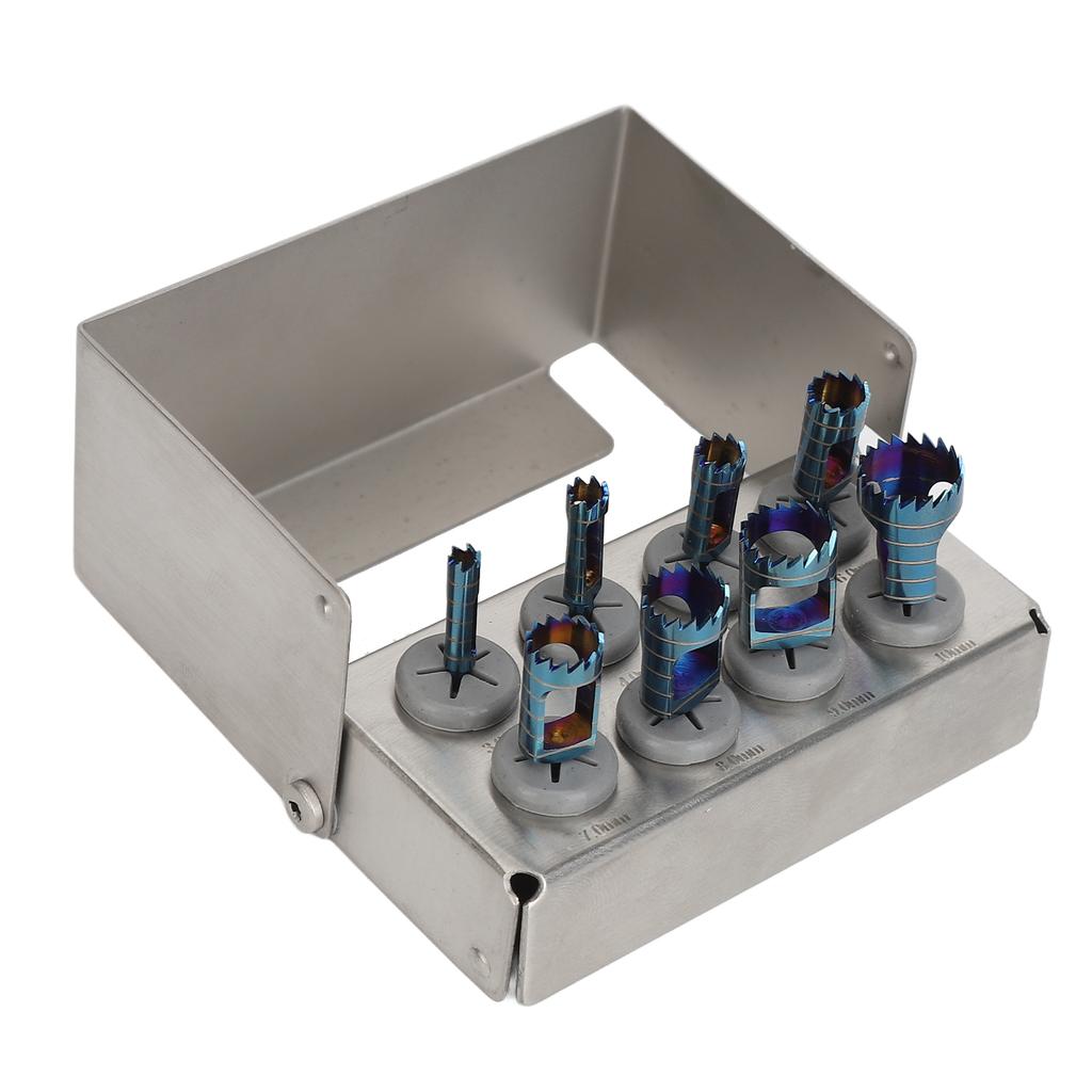 סט 8 מקדחי טרפין דנטליים כלי שתלים לרופא שיניים בורי טרפין עם מחזיק 3 עד 10 מ"מ