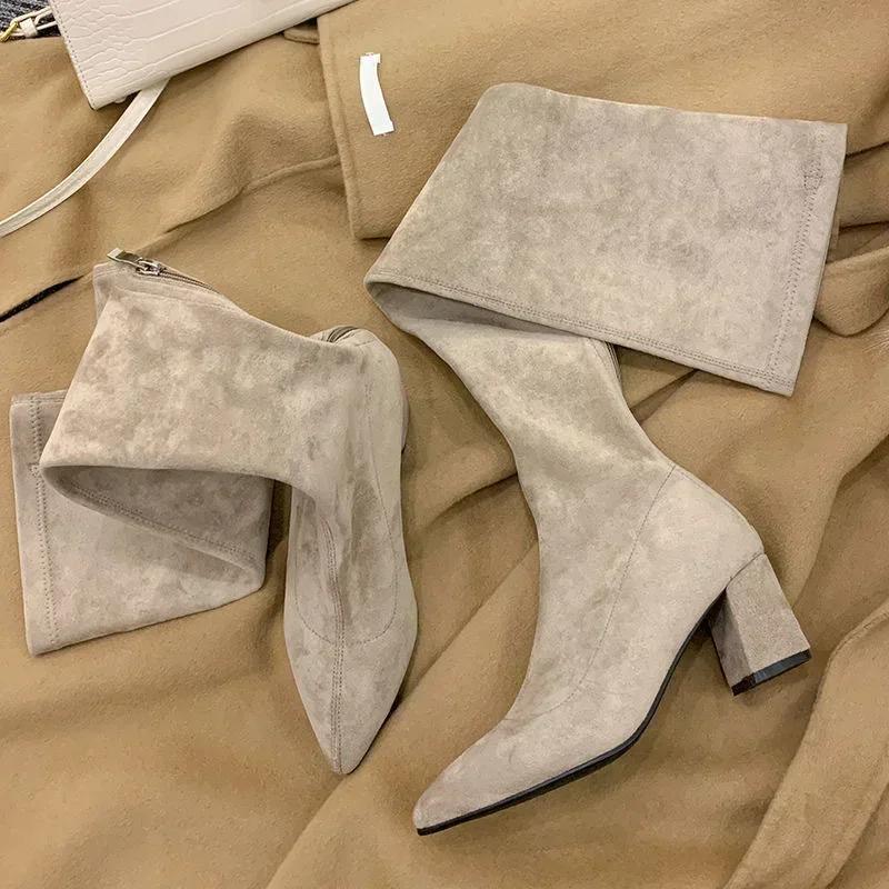 Fashion Over The Knee High Boots Women Pointed Toe High Heels Chelsea Snow Boots 2024 Trend Winter Suede Sexy Chunky Pumps Zapatos Mujer