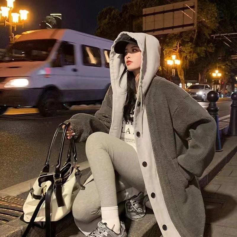 

Korean Chic Lambskin Hooded Sweater Coat - Autumn/Winter Loose Fit, European & American Style Extra Large сірий колір