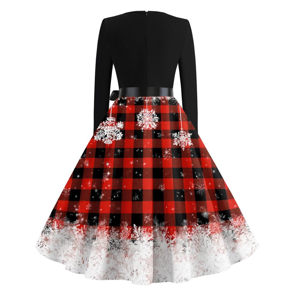 Women's Vintage Christmas Print Long Sleeve Round Neck Party Dress for Holiday Parties