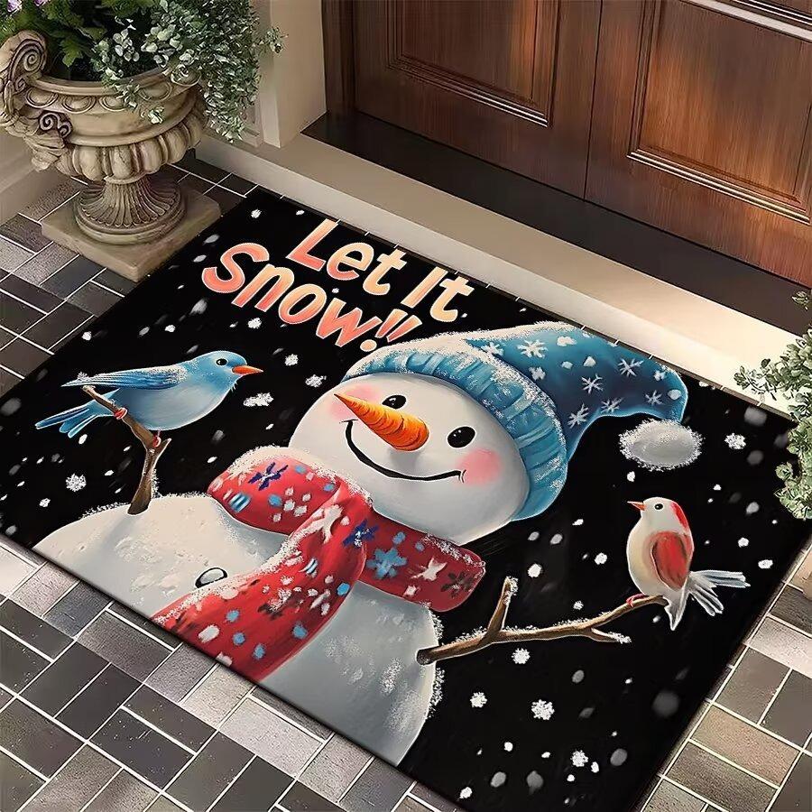 Christmas Themed Door Mat With Patterns Like Mittens Hats Snowflakes Holly Non Slip Welcome Entrance Rug For Families Decor