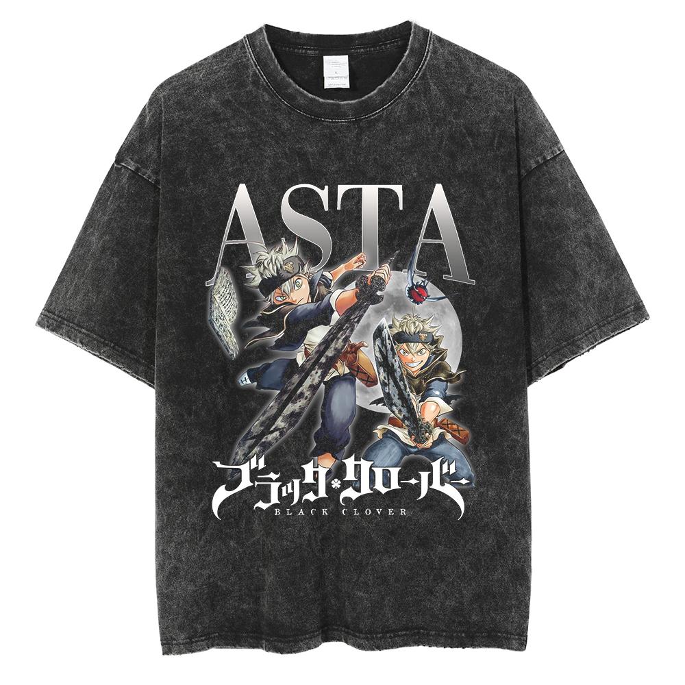 Hot Anime Black Clover Asta Logo Graphic Washed T Shirt Men Vintage Cotton Tshirts Manga Oversized Streetwear Harajuku Male Tops