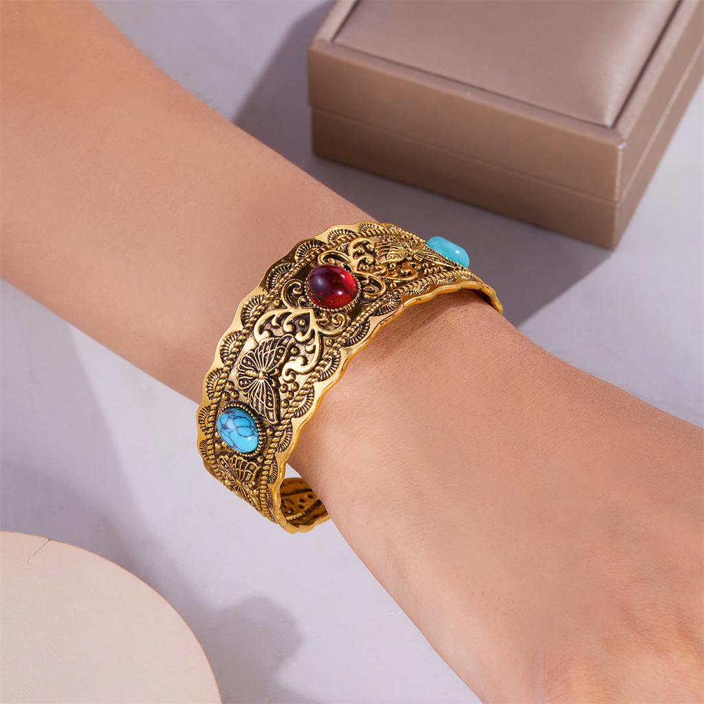 Vintage Antique Silver Color Natural Stone Wide Bangles Bracelets For Women Chinese Style Retro Gold Color Cuff Bracelet Jewelry