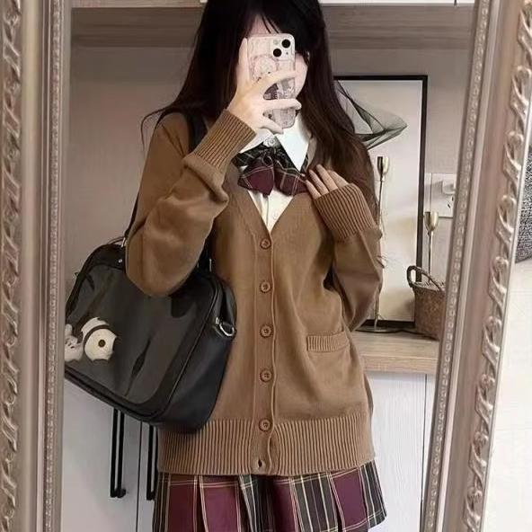 Japanese Fashion Solid Color V-neck Knitted Sweater,original New JK Uniform Cardigan Top Autumn and Winter Women's Cotton Sweater