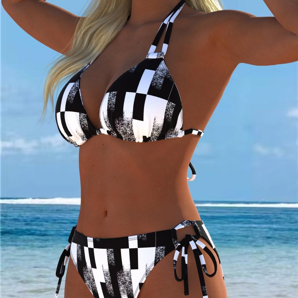 1011 New European and American Split Printing Splicing Neck Women's Split Swimsuit Bikini Suit Sexy