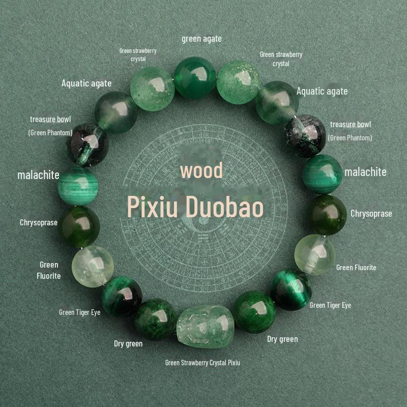 Five Elements Pixiu Green Strawberry Crystal Bracelet – Natural Wood Attribute for Auspicious Energy