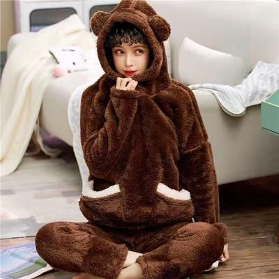 Winter Kawaiii Bear Women's Pajamas Set Pyjamas Sets Thick Sleepwear Flannel Coral Velvet Long Sleeve Loungewear