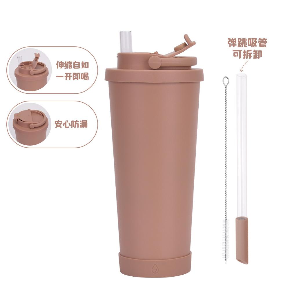 710Ml Stainless Steel Bouncing Straw Cup Suction Pearl Portable Handle Retractable Straw Thermos Cup