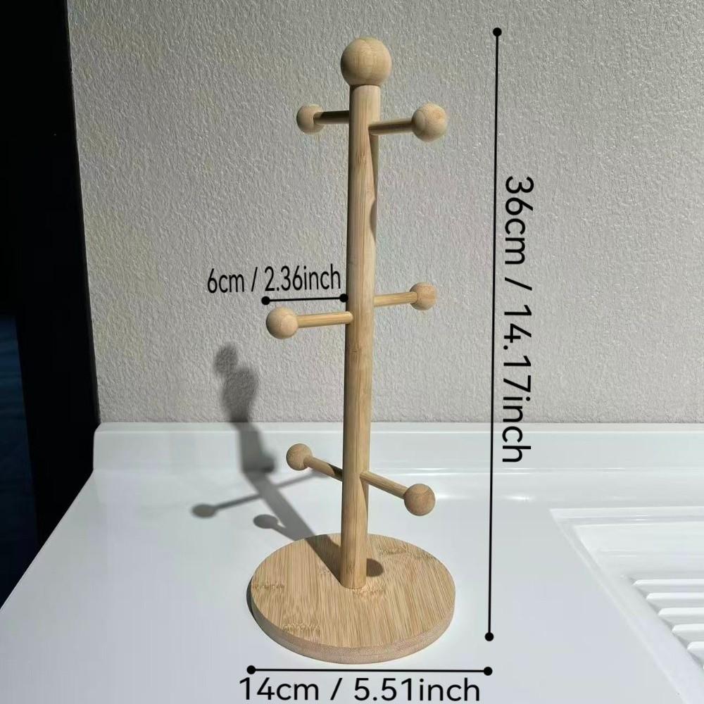 Kitchen Organizer Wooden Cup Storage Holder 6 Hooks Design Tree Shape Tea Cups Drainer Non-Slip Base Sturdy Mug Holder Kitchen