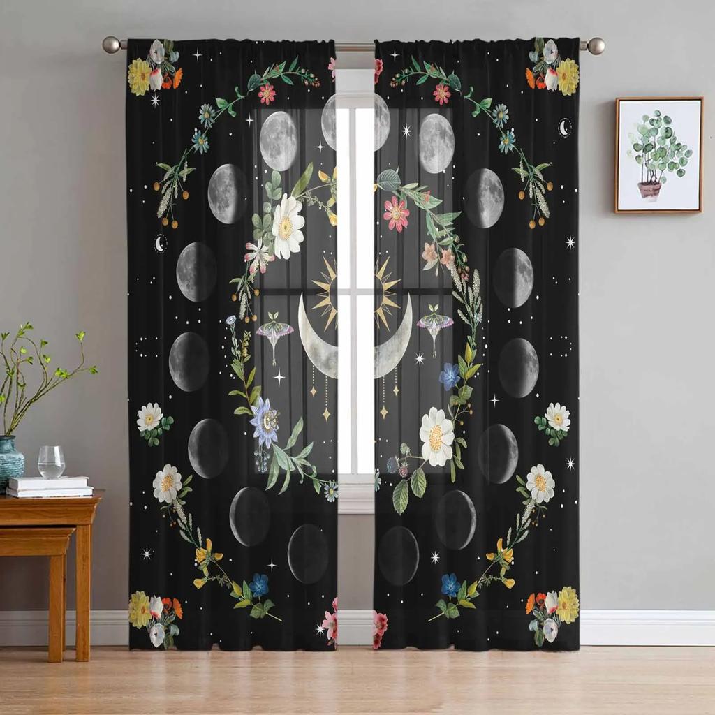 Night Sky Star Moon Sheer Curtains Living Room Window Tulle Curtains For Bedroom Kitchen Home Decoration Voile Drapes