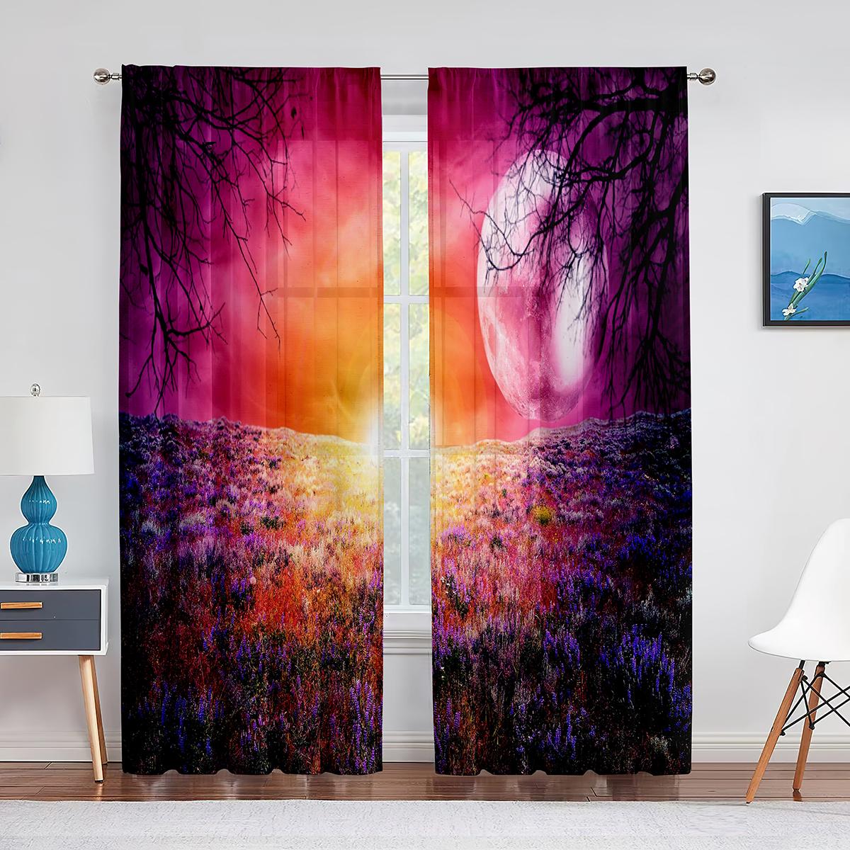 Тюлевые шторы с фиолетовым цветком и полем одинокого дерева — фото 10