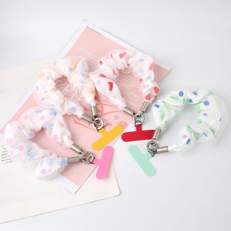 Women Heart Polka Dot Scrunchies Phone Lanyard Universal Phone Wrist Straps Anti Lost Hand Lanyard Detachable Cute Wristband