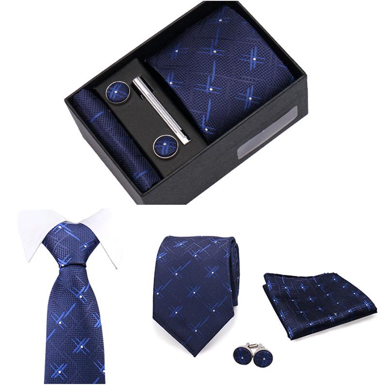 Men's Black & Wine Red Striped Plaid Tie Set with Pocket Square - Formal Wedding Gift Box