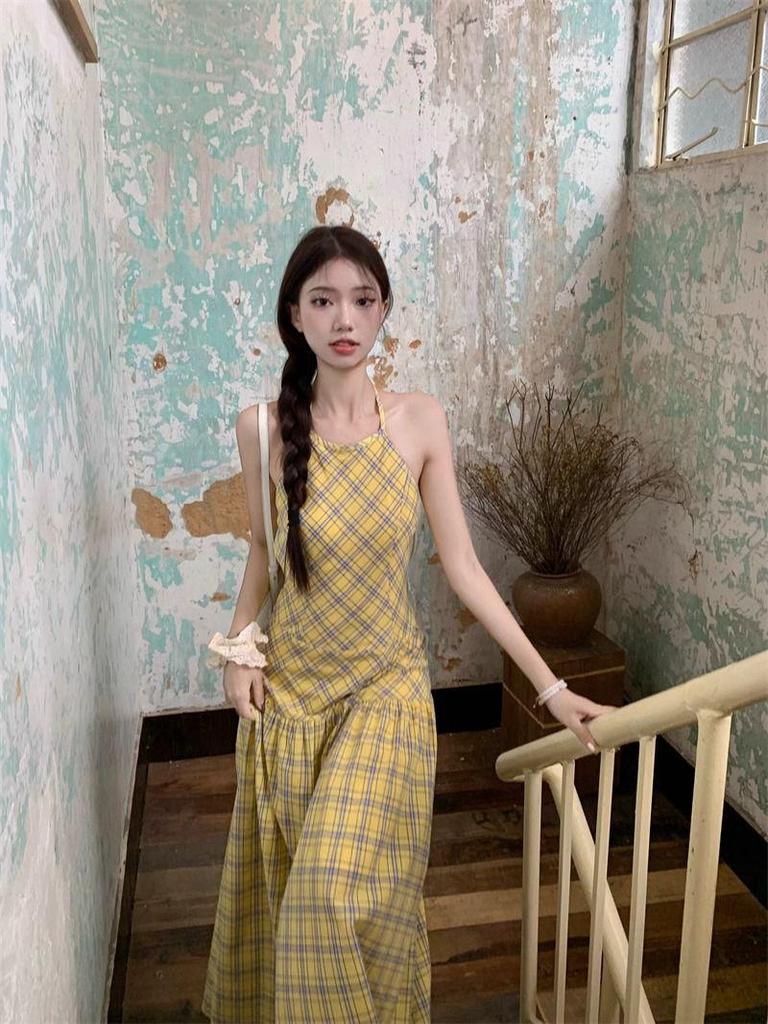 Yellow Plaid Backless Halter Long Dress - Women's Summer Vacation Style