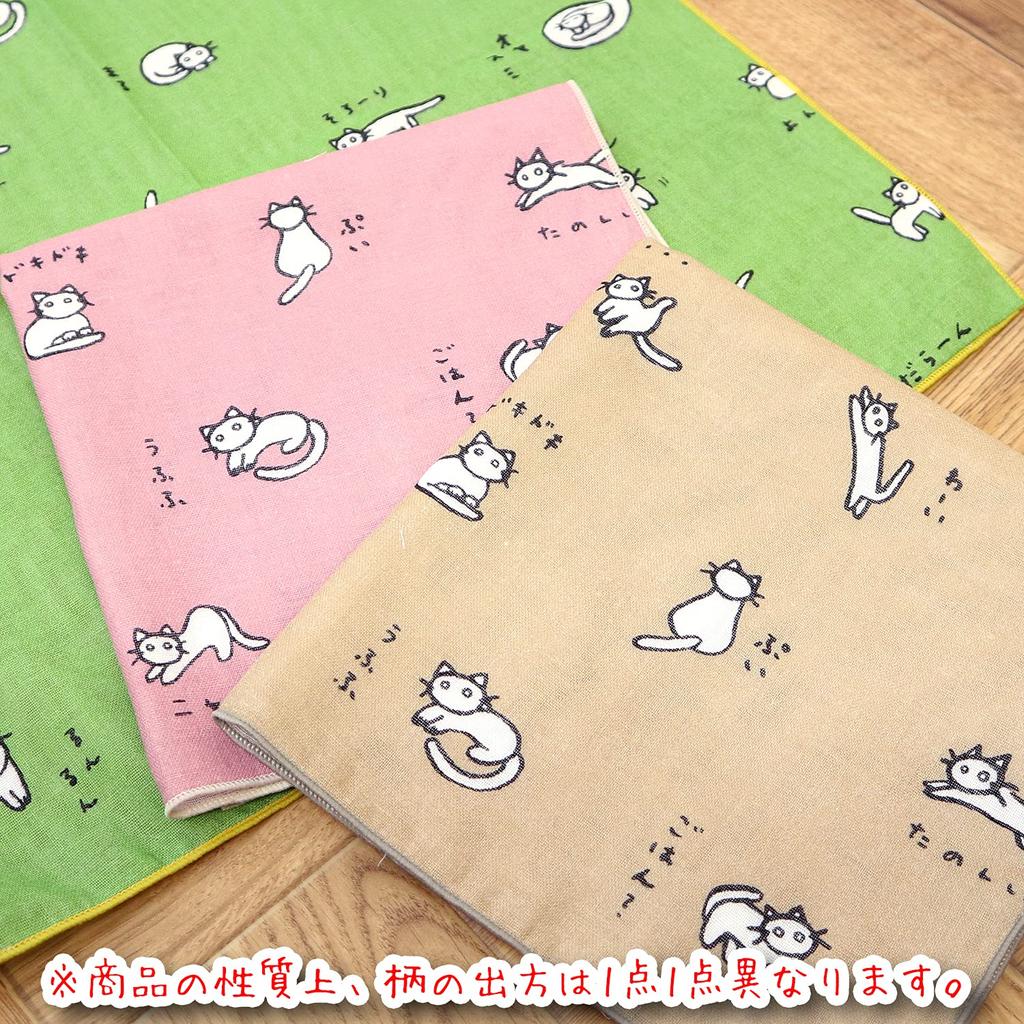 Set of 3 Gauze Cat Matcha Green Made In Iroha Mameo Series Handkerchiefs, Design, Tea, Japan, 100% Cotton, 35x35cm,