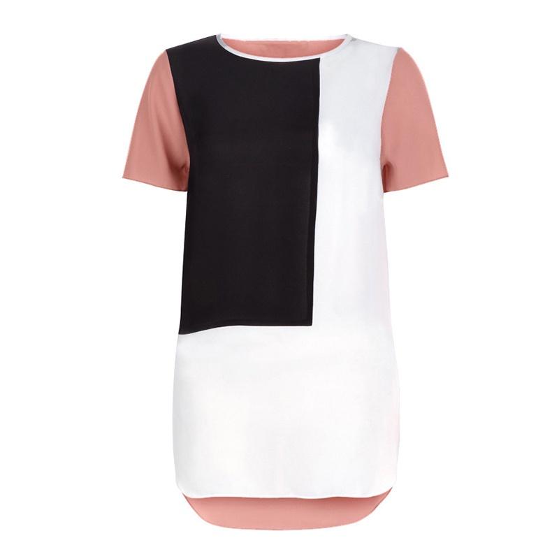 Women's Summer O-neck Loose Short Sleeve Shirt With Leisure Patchwork Design