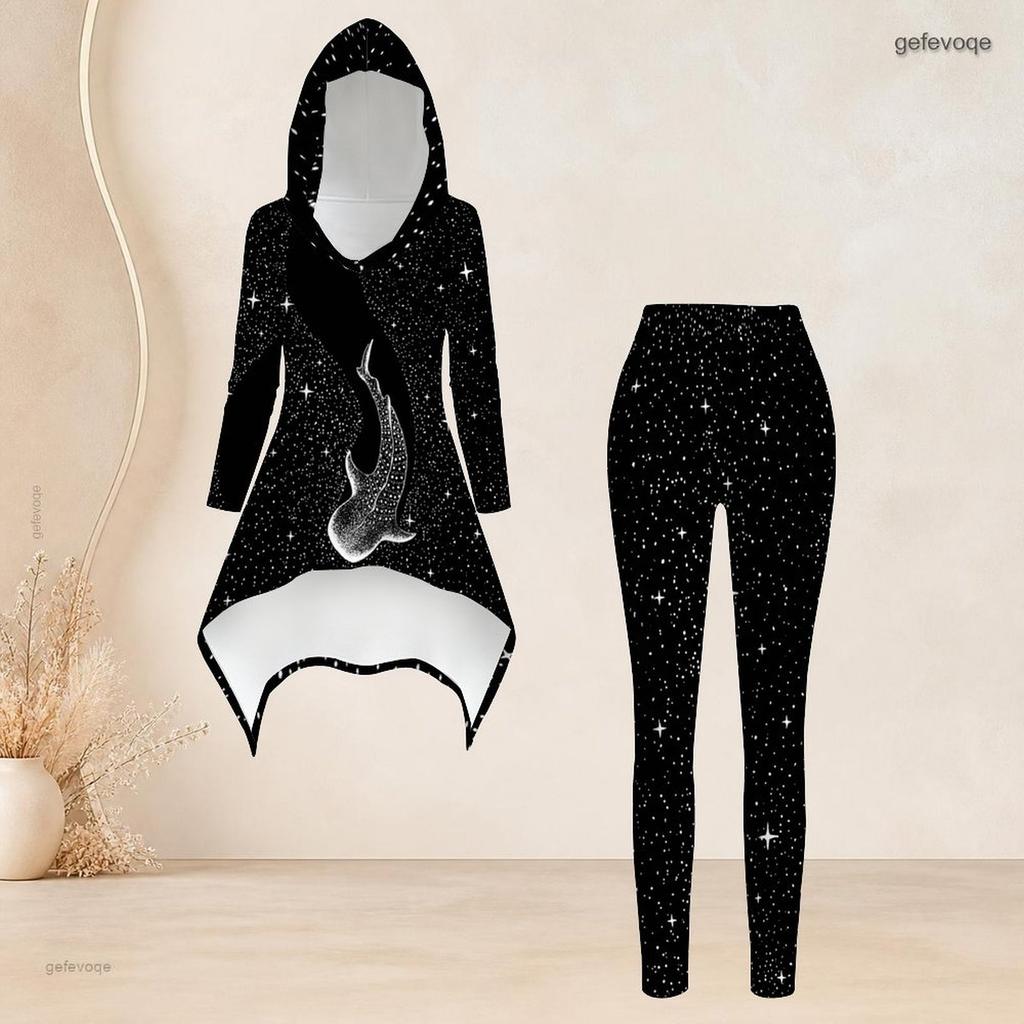 Women Plus Size Hooded Long Sleeve Printed High Low Top And Fitted Pants Two Piece Set