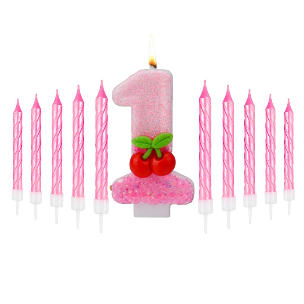 11pcs Cherry Birthday Number 0-9 Candles,Sequins Pink Cupcake Toppers Decorations for Women Girls Birthday Party Supplies Decors