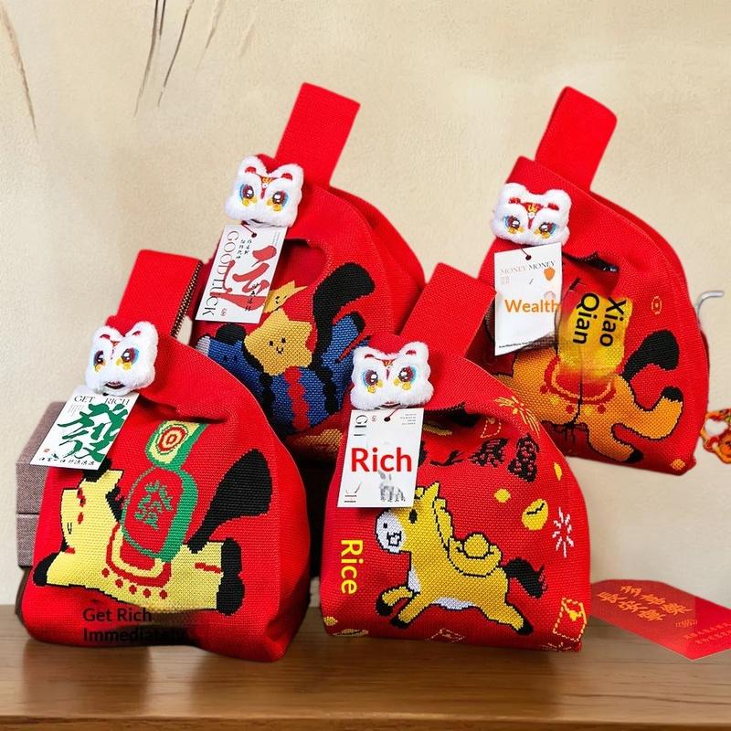 Reusable Knitted Candy Tote Bag with Wrist Strap, Cartoon Auspicious Horse Mascot Design, Perfect for Shopping & Gift Packaging