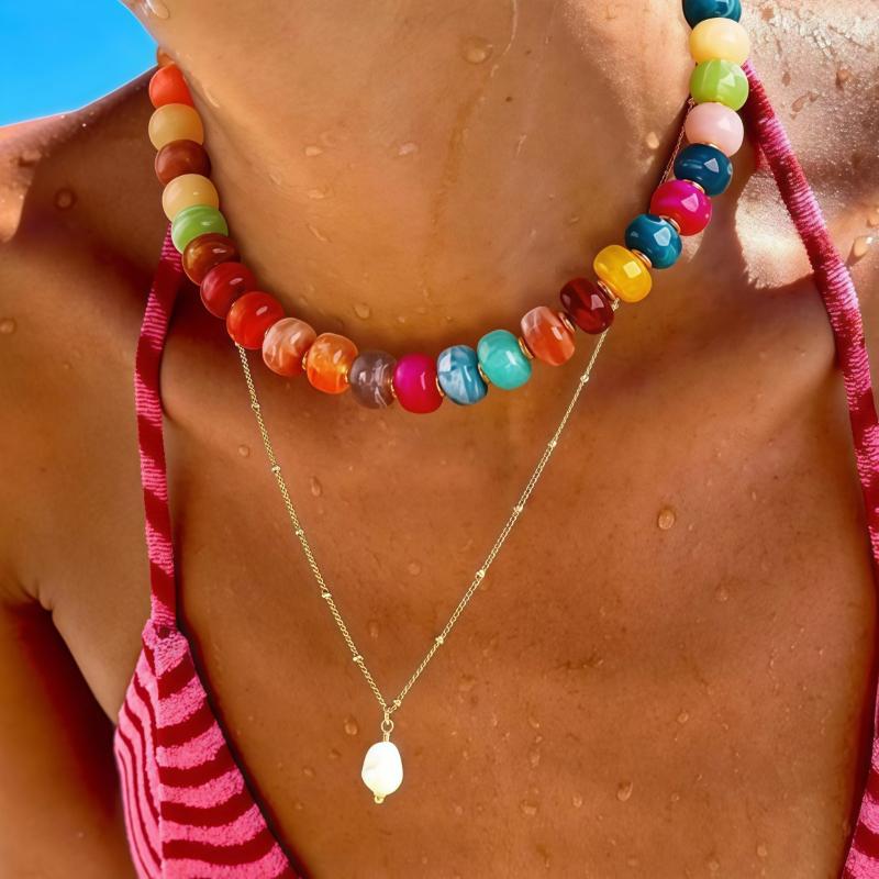 1Pcs Chunky Summer Beach Statement Jewelry Gifts Boho Colorful Acrylic Beaded Choker Necklace For Women