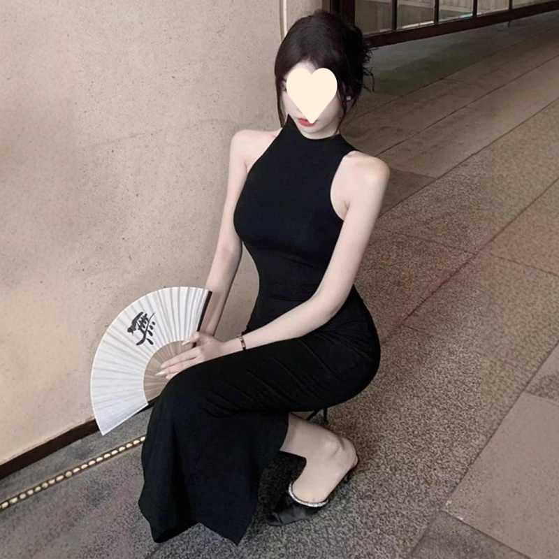 Retro Temperament Socialite Dress Female Sexy Black Waist Slim and Thin Neck Split Hip Skirt