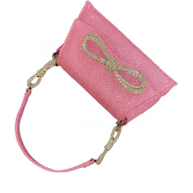 Sparkling Rhinestone Bow Mini Crossbody Bag Women Sweet Pastel Pink Chain Shoulder Clutch Evening Purse