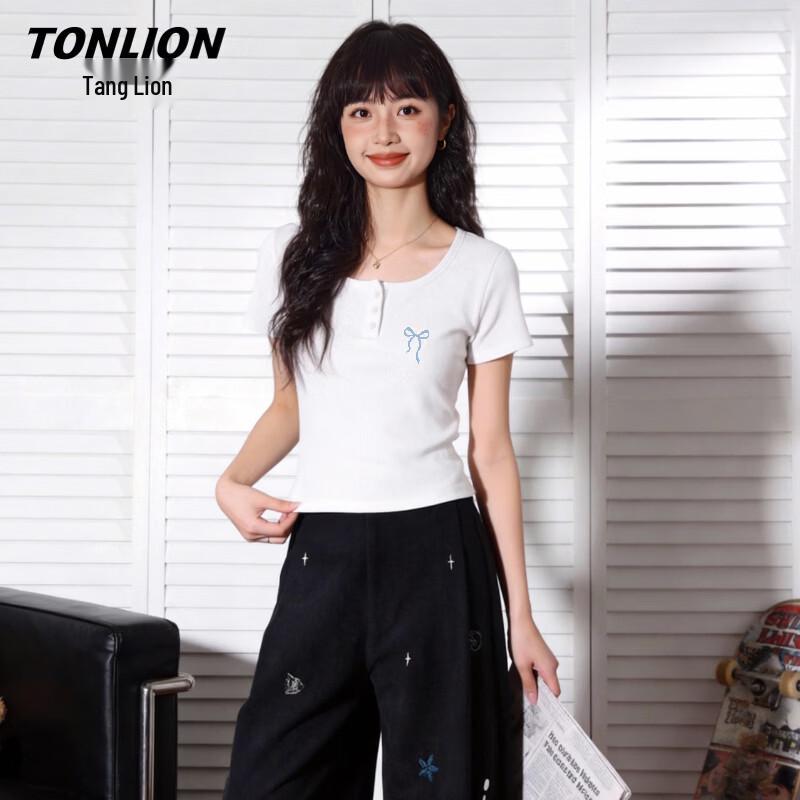 TonLion Women s Slim Fit U-Neck Bow Letter Short Sleeve T-Shirt S