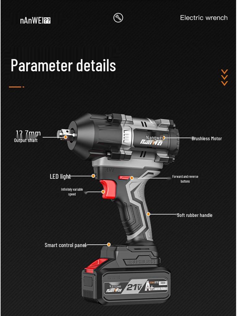 Nanwei 800N Heavy-Duty Electric Brushless Impact Wrench with Lithium Battery