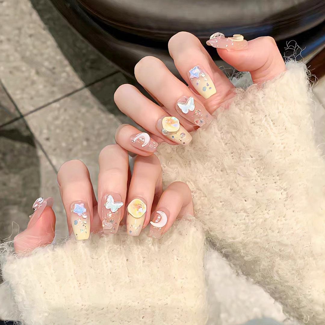

B607-Yolk Cute Heart & Moon Cartoon Nail Art Patches - Colorful Butterfly Fake Nails B607-Cute Cartoon [Glue Version]